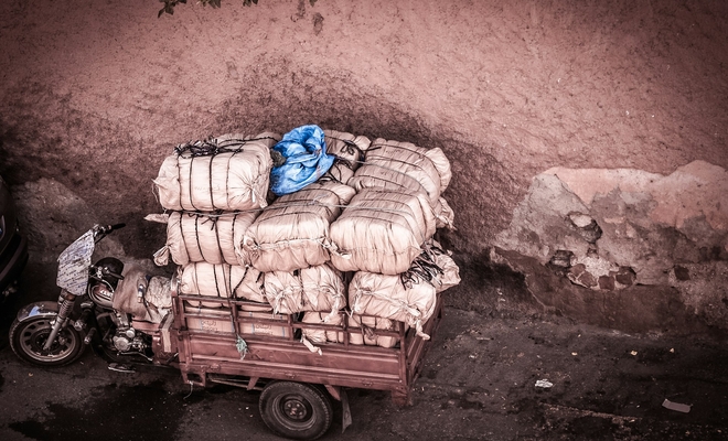 Cart carrying wrapped bundles